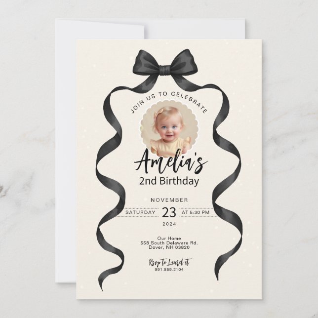 Invitation Black Bow Anniversaire N'importe quel âge Photo In (Devant)