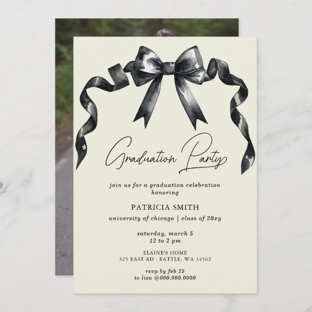 Invitation Black Bow Coquette Photo Graduation Party (Devant / Derrière)