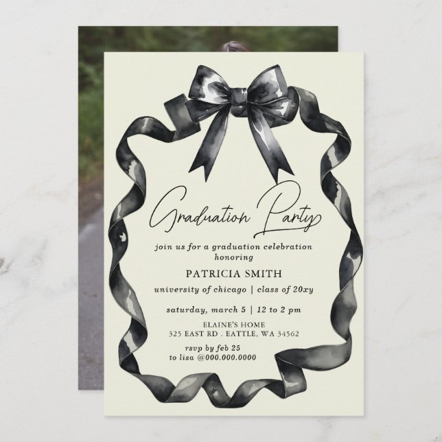 Invitation Black Bow Coquette Photo Graduation Party (Devant / Derrière)
