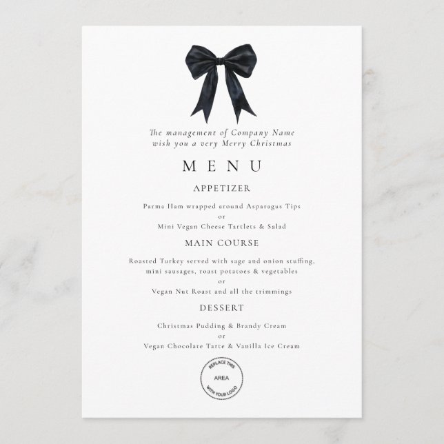 Invitation Black Bow Corporate Logo Christmas Party Menu Card (Devant)