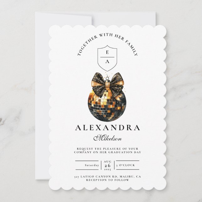 Invitation Black Bow Disco Ball Party (Devant)