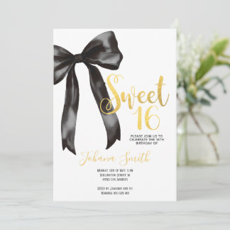 Invitation Black Bow Gold Sweet Sixteen Girl Birthday Party