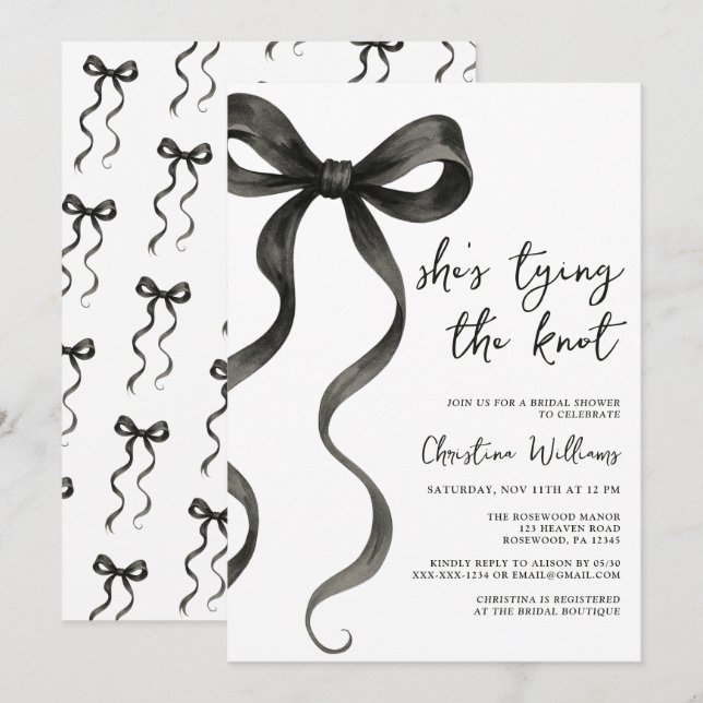 Invitation Black Bow She’s Tying The Knot Fête des mariées (Devant / Derrière)