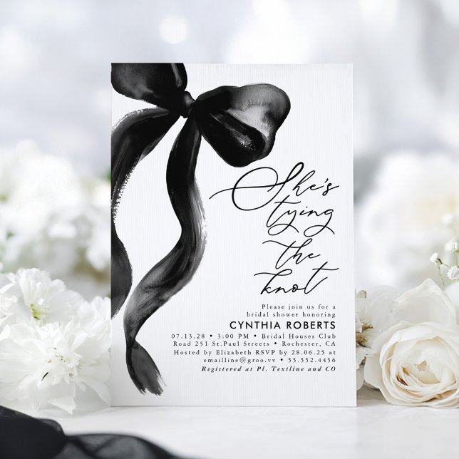 Invitation Black Bow She's Tying the Knot Bridal Shower (Black Ribbon Bow Bridal Shower Invitation)
