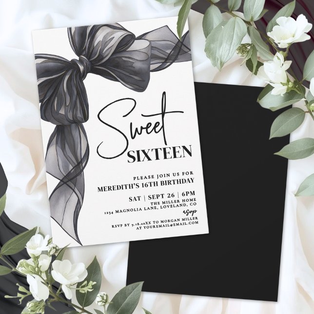 Invitation Black Bow Sweet Seize 16e Anniversaire (Black Bow Sweet Sixteen 16th Birthday Invitation)