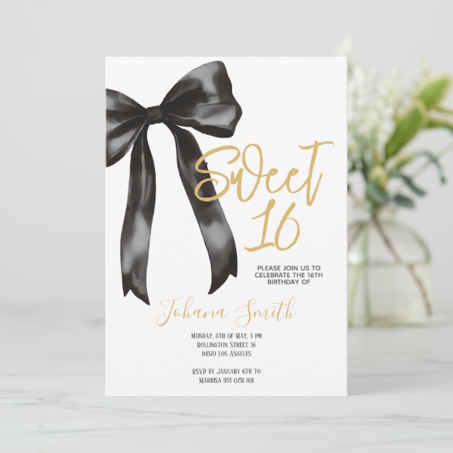 Invitation Black Bow Sweet Sixteen Girl Birthday Party (Debout devant)