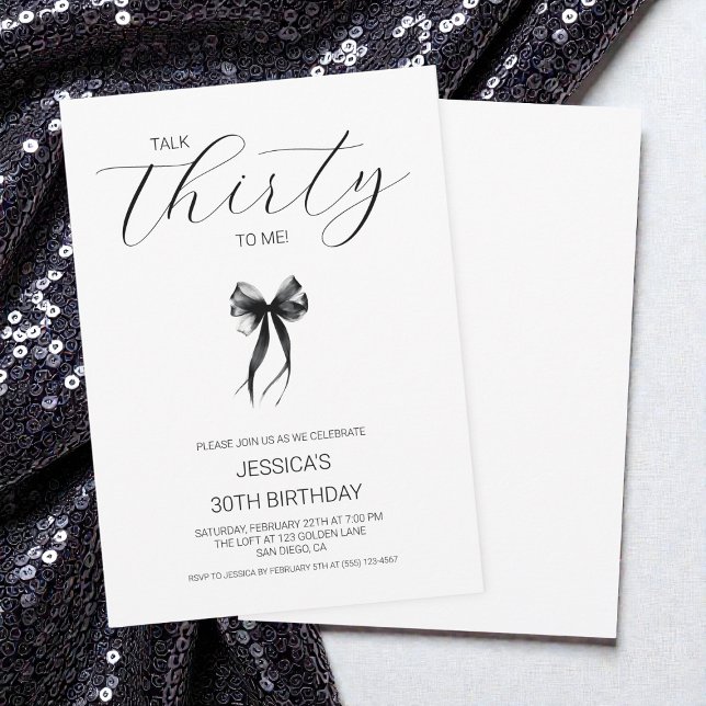Invitation Black Bow Talk Thirty To Me 30th Birthday Party (Black Bow Talk Thirty To Me 30th Birthday Party Invitation)
