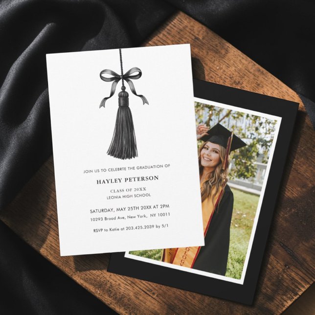 Invitation Black Bow Tassel Modern College Graduation Photo (Créateur téléchargé)