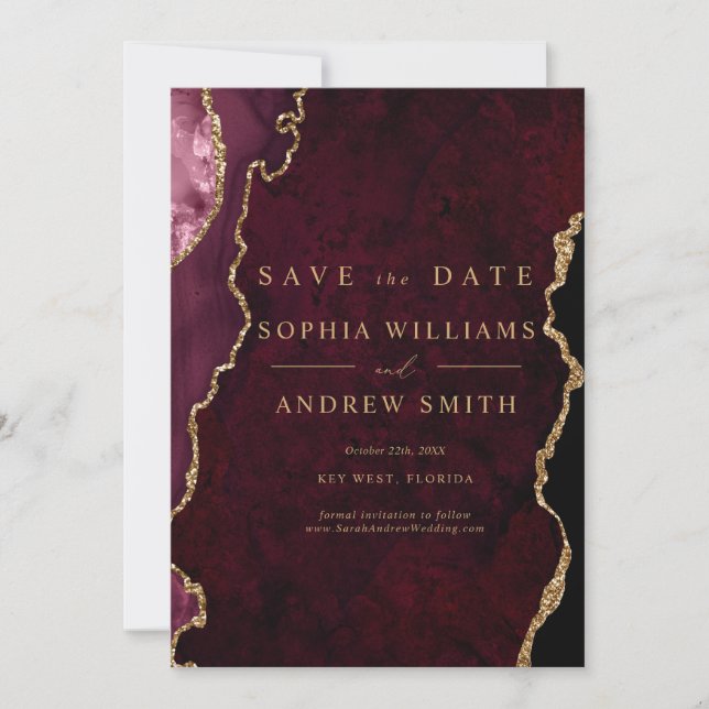 Invitation Black & Burgundy Gold Modern Sve the Date (Devant)