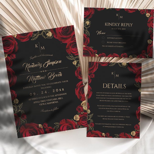 Invitation Black Burgundy⎮ Gold Rose Floral Boho Wedding (Créateur téléchargé)