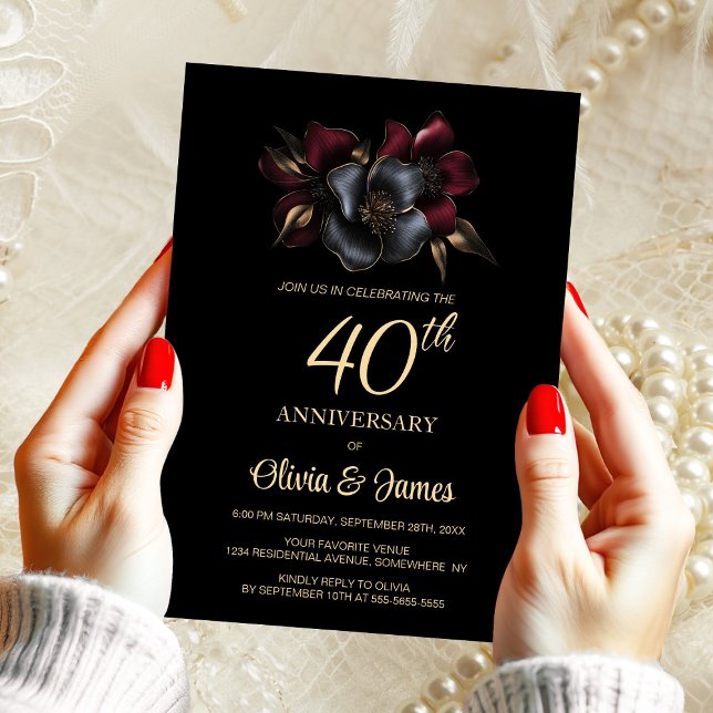Invitation Black Burgundy Grey Floral 40e anniversaire (Créateur téléchargé)