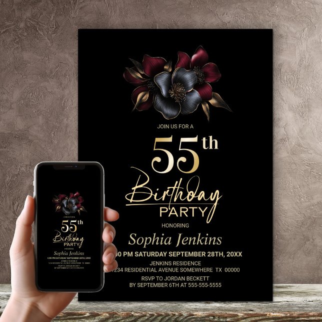 Invitation Black Burgundy Grey Floral 55e anniversaire (Créateur téléchargé)