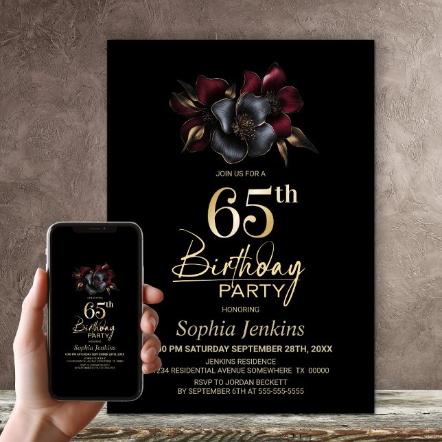 Invitation Black Burgundy Grey Floral 65e anniversaire (Créateur téléchargé)