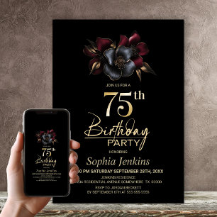 Invitation Black Burgundy Grey Floral 75e anniversaire