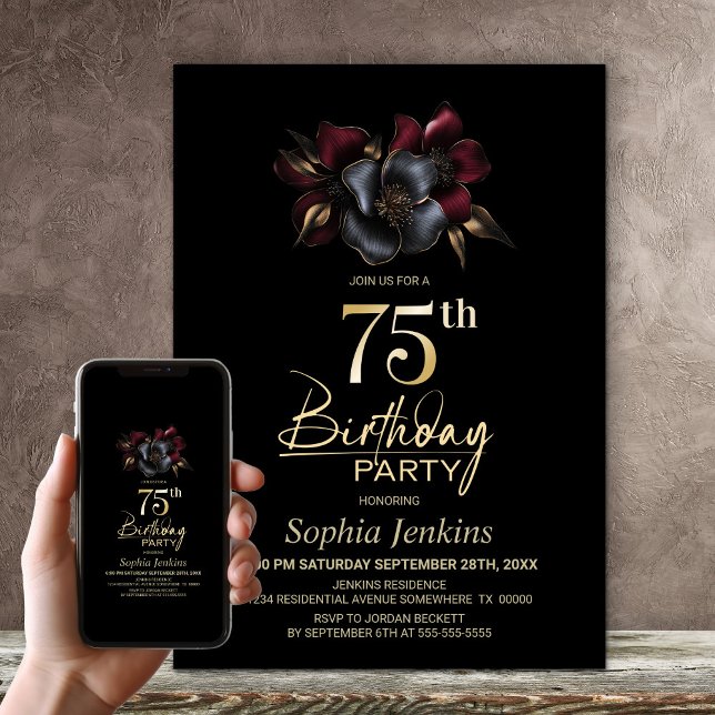 Invitation Black Burgundy Grey Floral 75e anniversaire (Créateur téléchargé)