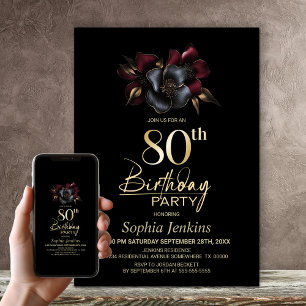 Invitation Black Burgundy Grey Floral 80e anniversaire fête
