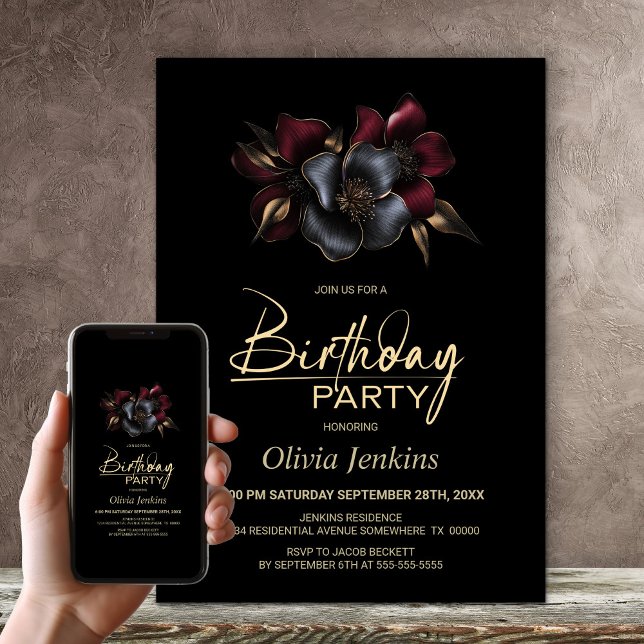 Invitation Black Burgundy Grey Floral N'importe quel âge fête (Créateur téléchargé)