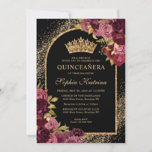 Invitation Black Burgundy Rouge or Parties scintillant Floral