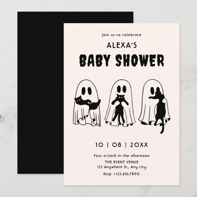 Invitation black Cat ghost funny baby shower (Devant / Derrière)