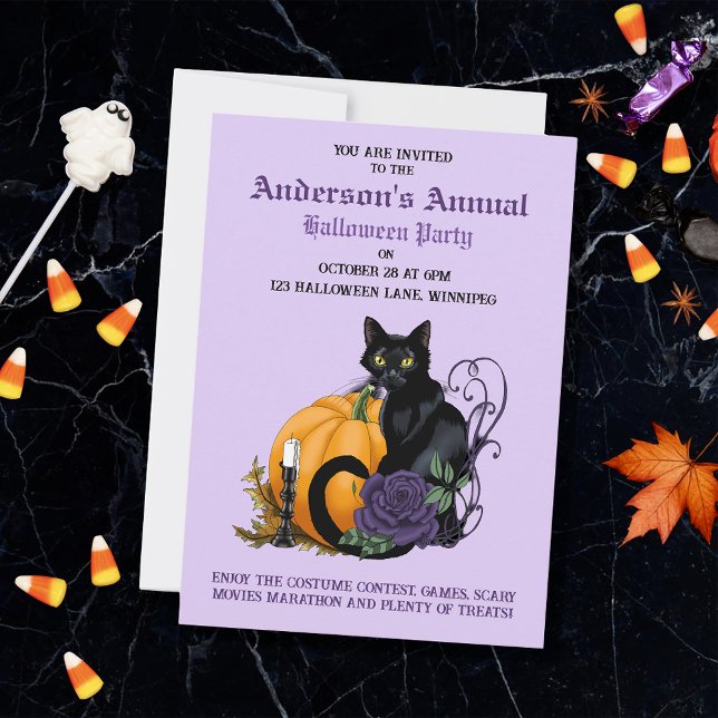Invitation Black Cat Purple Rose Citrouille Halloween Party (Créateur téléchargé)