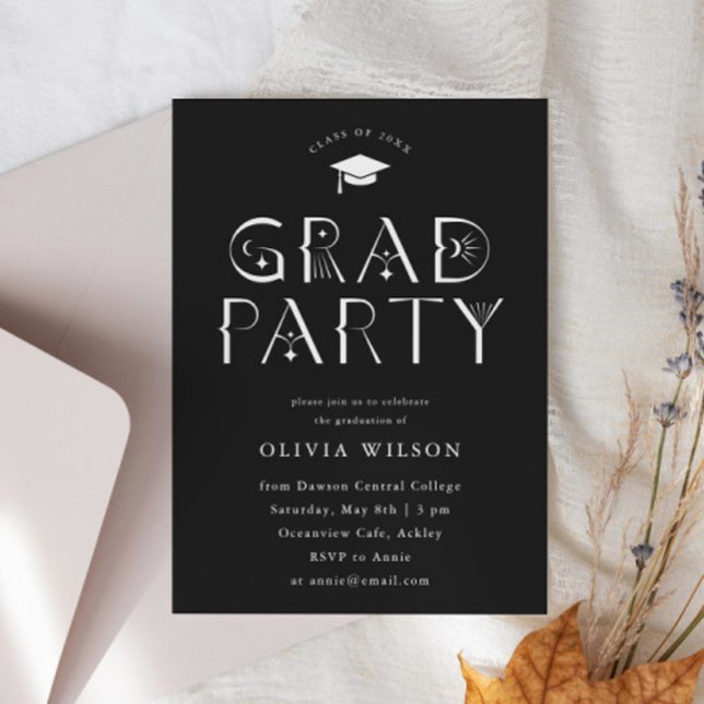 Invitation Black Celestiy Typographie Grad Party (Créateur téléchargé)
