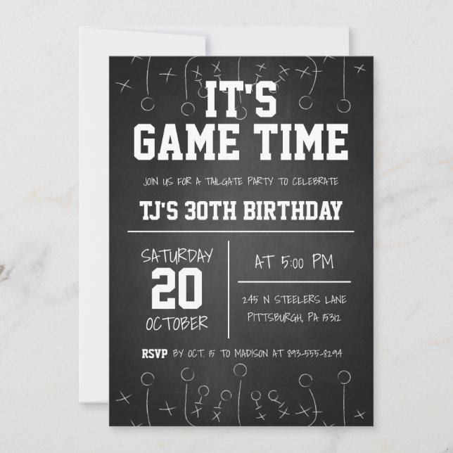 Invitation Black Chalkboard Football Sports Anniversaire (Devant)
