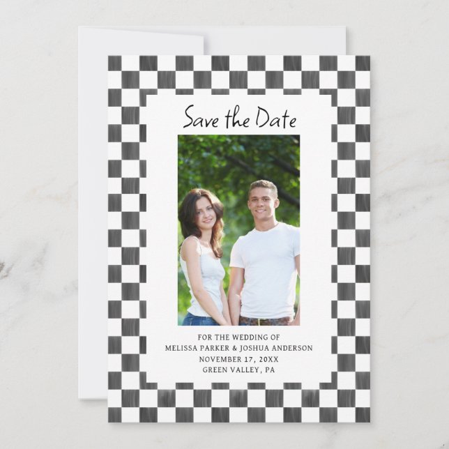 Invitation Black Checkerboard Photo Save the Date (Devant)