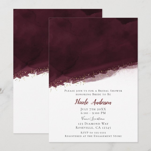 Invitation Black Cherry Aquarelle Or Fête des mariées moderne (Devant / Derrière)