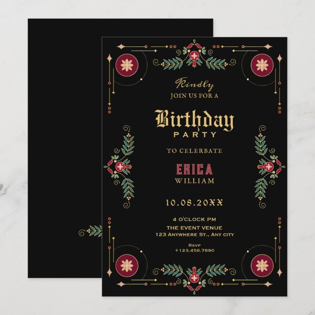 Invitation Black classic floral birthday (Devant / Derrière)
