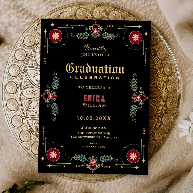 Invitation Black classic floral graduation (Créateur téléchargé)