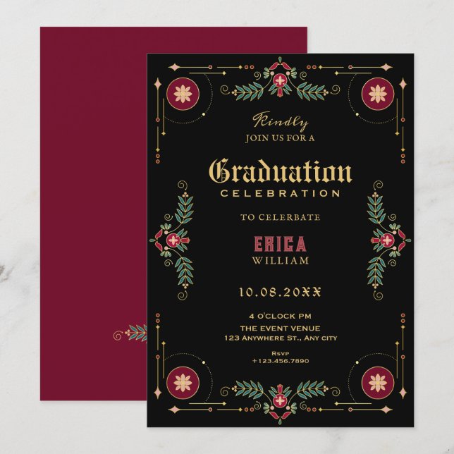 Invitation Black classic floral graduation (Devant / Derrière)