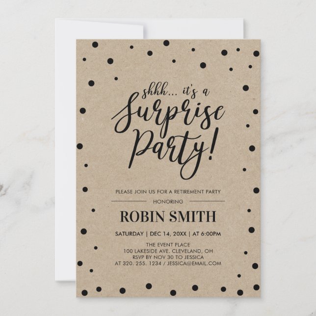Invitation Black Confetti & Kraft Surprise Retirement Party (Devant)