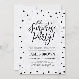Invitation Black Confetti & Marble Surprise Retraite Party
