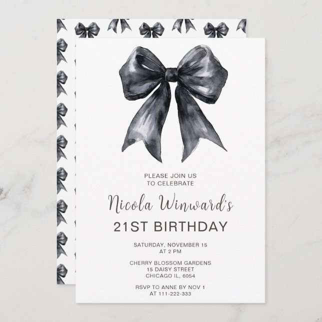 Invitation Black Coquette Bow fête d'anniversaire (Devant / Derrière)