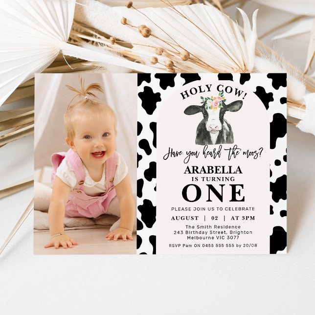 Invitation Black Cow Print Arche Photo Holy Cow 1er Anniversa (Black and white cow print, holy cow 1st birthday invitation featuring a cute cow and pink arch.)