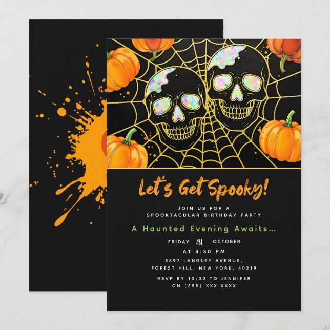 Invitation Black | Crânes d'Halloween Faux Opal modernes (Devant / Derrière)