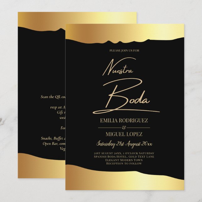 Invitation Black Cravate Mariage Gold Foil Script Élégant évé (Devant / Derrière)