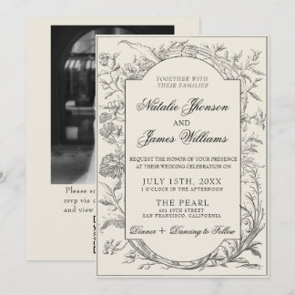 Invitation Black Cream Floral Botanical QR Code Photo Wedding