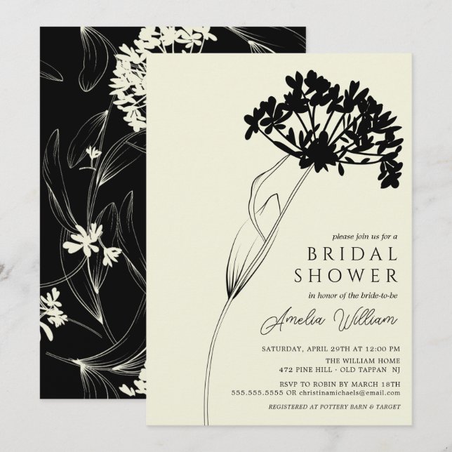 Invitation Black & Cream Moderne Fête des mariées Florale Inv (Devant / Derrière)