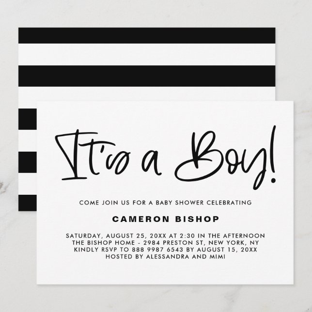 Invitation Black Cute Calligraphy C'est un Baby shower garçon (Devant / Derrière)