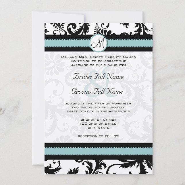Invitation Black Damask Aqua Blue Mariage Turquoise Invitatio (Dos)