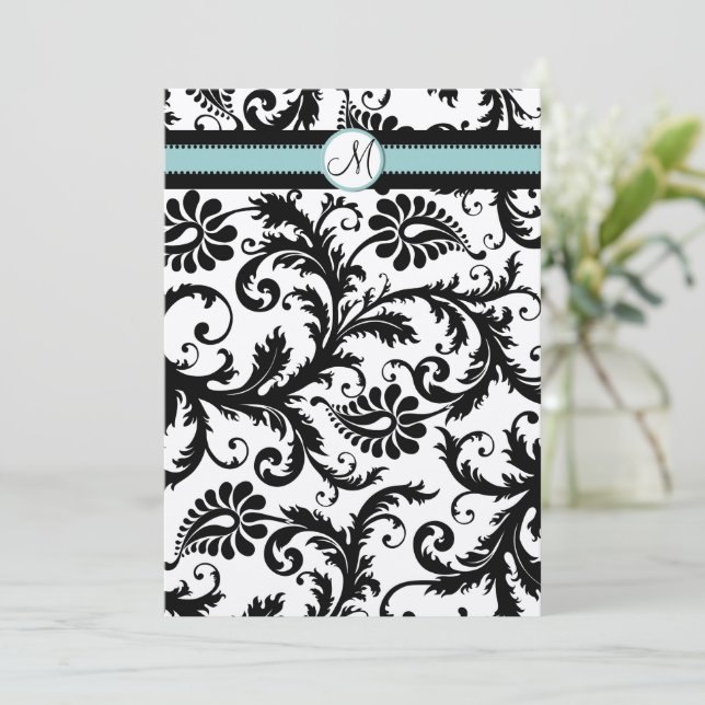 Invitation Black Damask Aqua Blue Mariage Turquoise Invitatio (Debout devant)