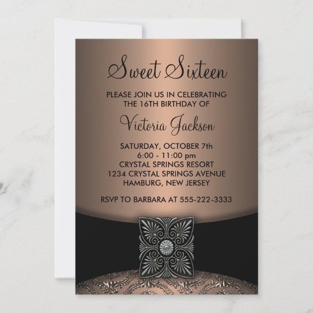 Invitation Black Damask Black Sweet sixteen Party (Devant)