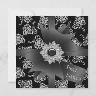 Invitation Black Damask Black White Sweet 16 Party