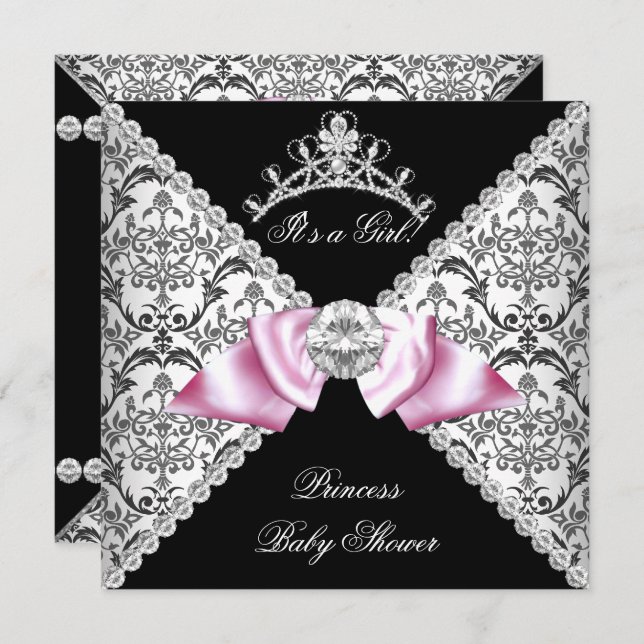 Invitation Black Damask Bow Princesse Baby shower rose (Devant / Derrière)
