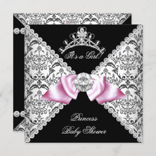 Invitation Black Damask Bow Princesse Baby shower rose
