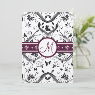 Invitation Black Damask Butterfly Swirls Plum Wedding Invite
