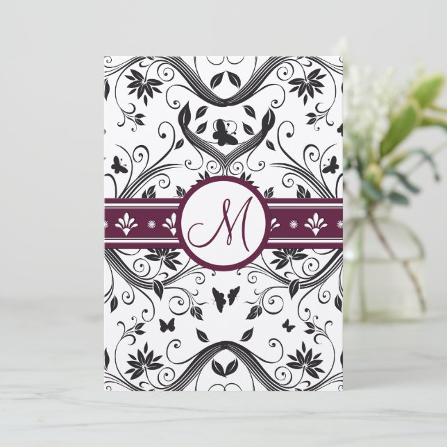 Invitation Black Damask Butterfly Swirls Plum Wedding Invite (Debout devant)