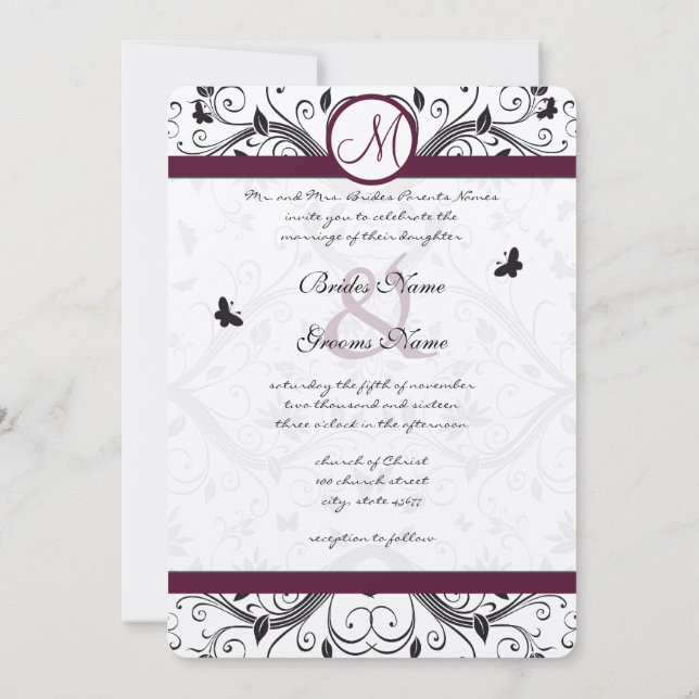 Invitation Black Damask Butterfly Swirls Plum Wedding Invite (Dos)