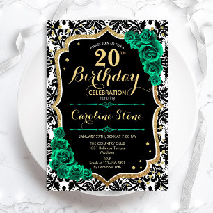 Invitation Black Damask Gold Green Roses 20e anniversaire